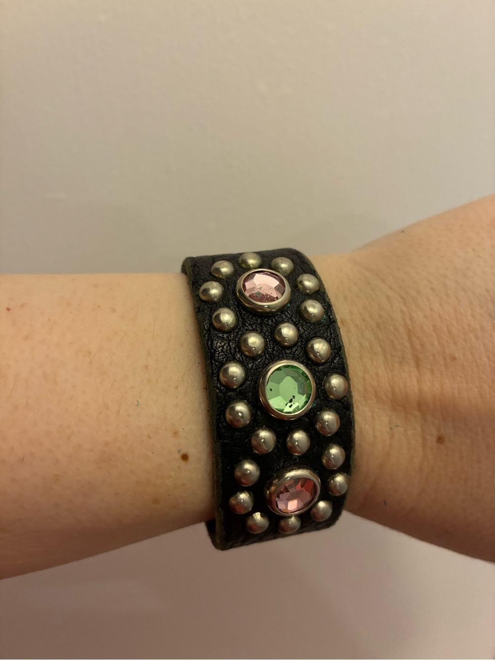 Brown Studded Leather Bracelet with Pink & Green Gems